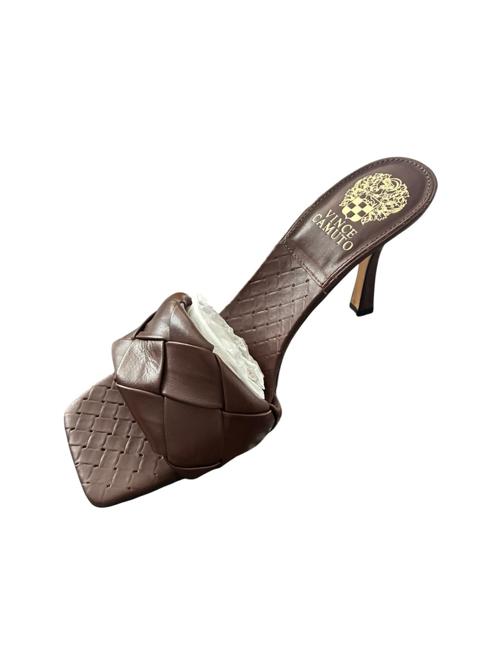 NWT Vince Camuto Brown Leather Slide Heels Size 8 Square Toe Designer Sandals - Picture 4 of 13